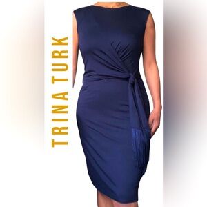 NWT Trina Turk Faux wrap dress w/ fringe detail- Navy Blue